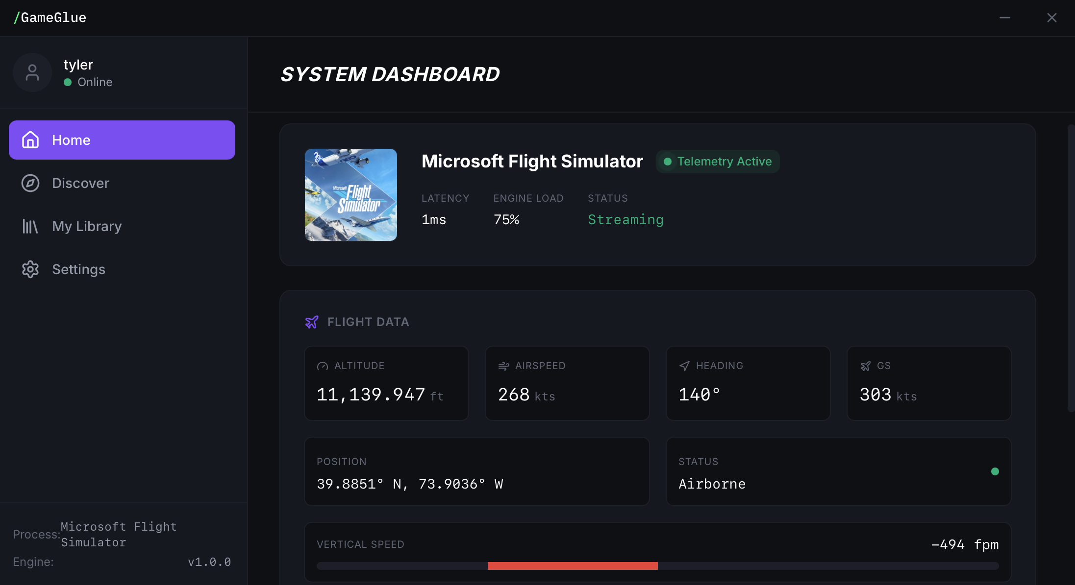 GameGlue Client showing live flight telemetry